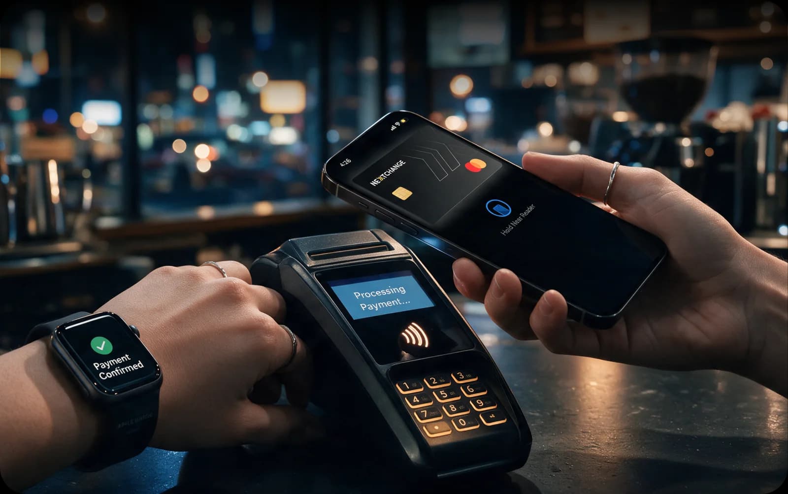Paying at a terminal with an iPhone and Apple Watch using a crypto card in Apple Pay