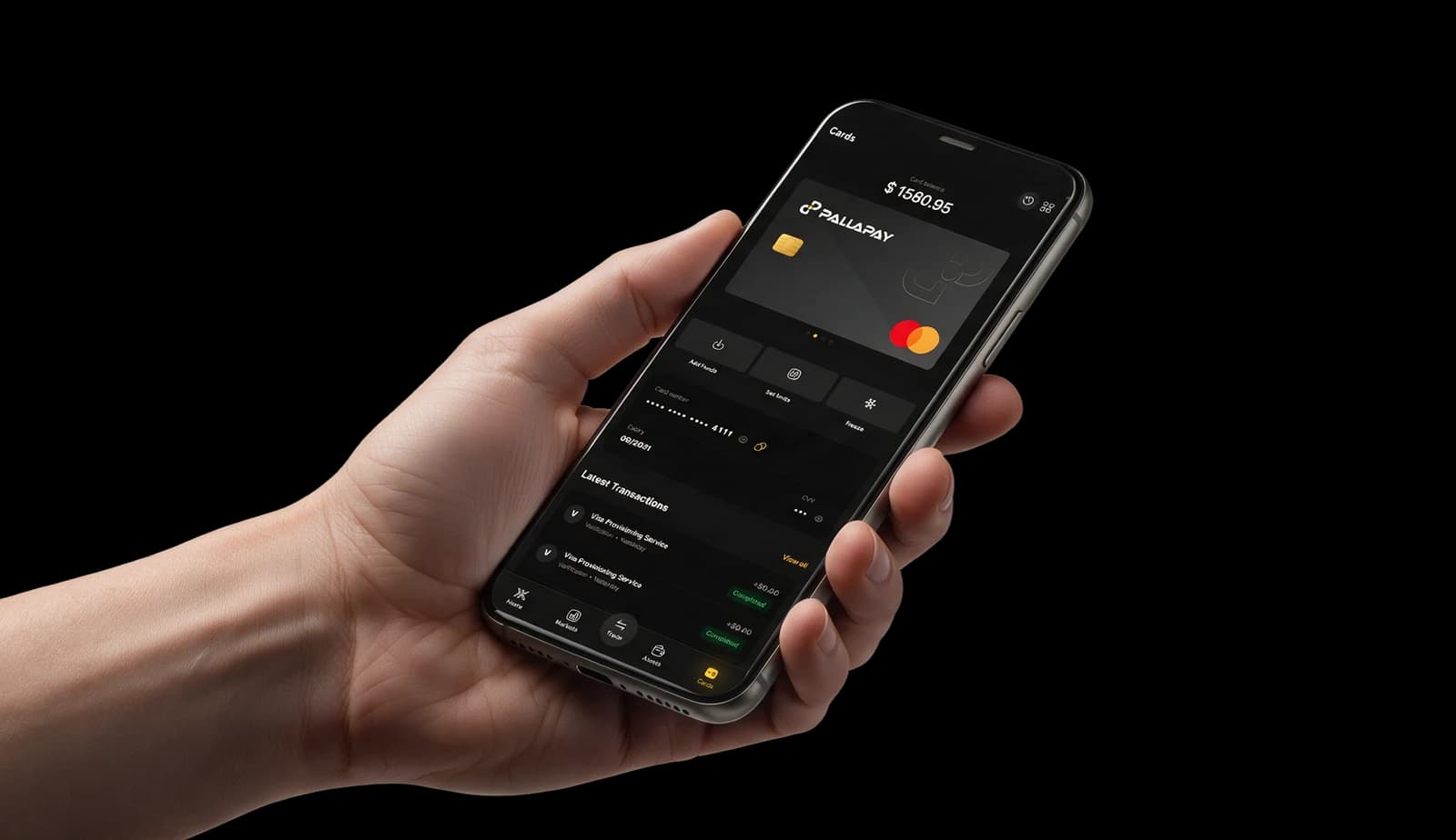 Hand holding a phone showing the Pallapay app