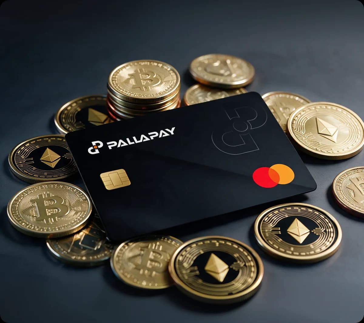 Pallapay crypto card resting on gold Bitcoin and Ethereum coins