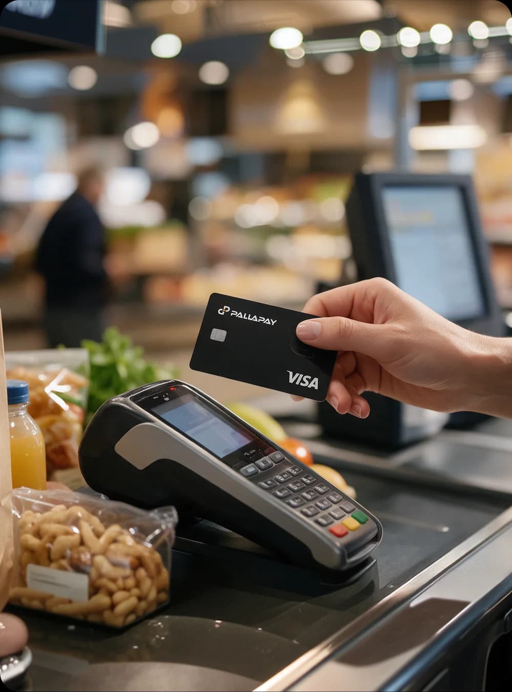 Hand tapping a Pallapay Visa crypto card on a payment terminal at a grocery checkout