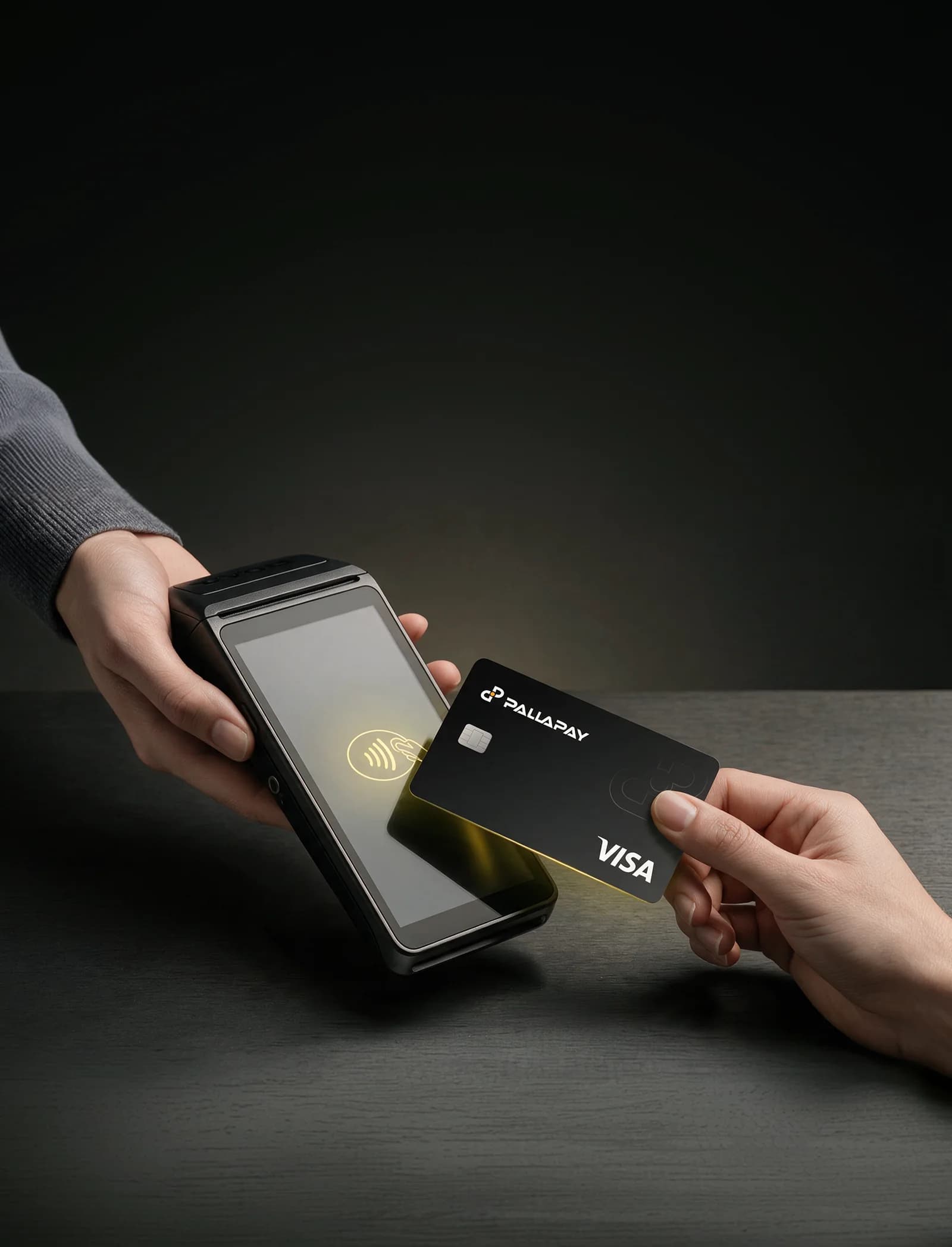 Hand tapping a Pallapay Visa crypto card on a payment terminal