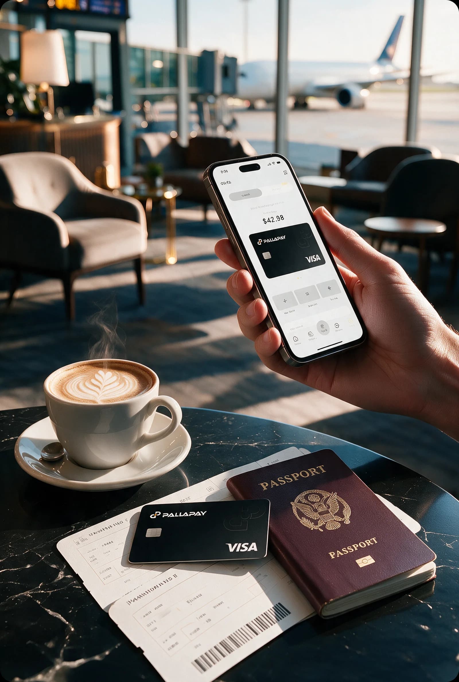 Pallapay app and crypto card with a passport and boarding pass in an airport lounge
