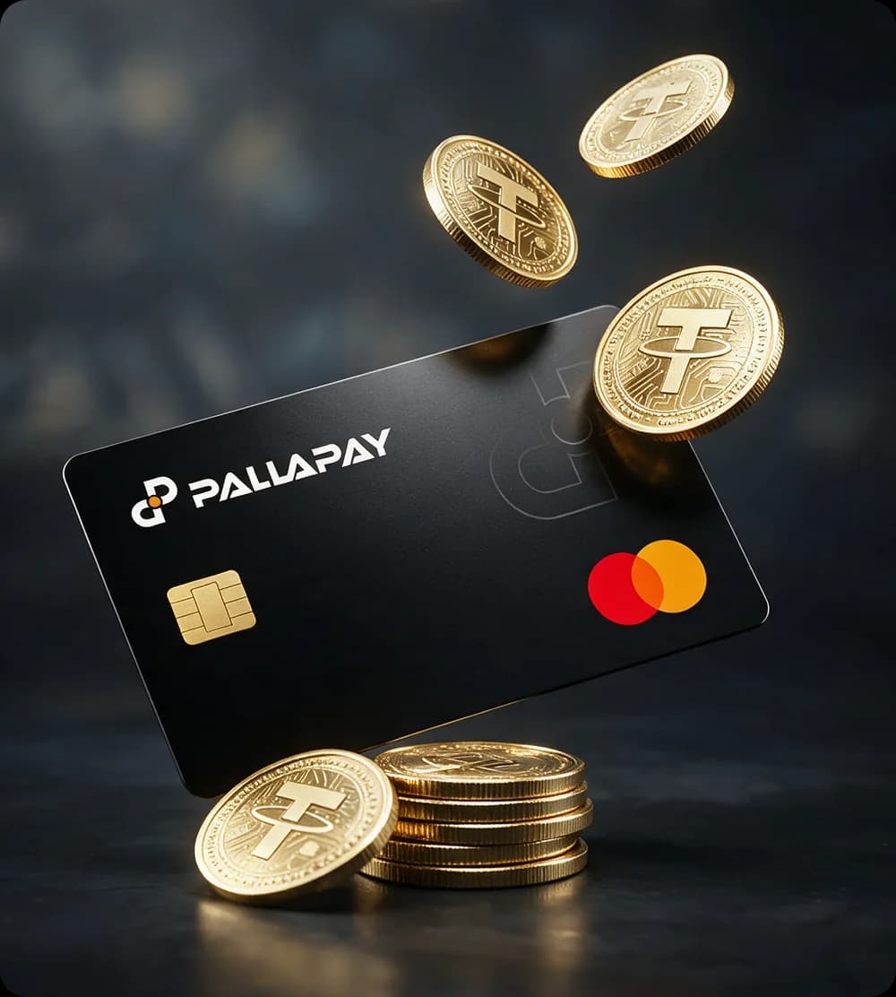 Pallapay crypto card surrounded by falling gold USDT coins
